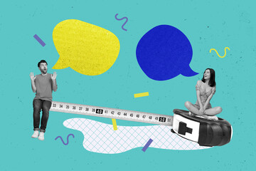 Photo artwork collage painting of funky couple sitting measure tape talking empty space isolated teal turquoise color background