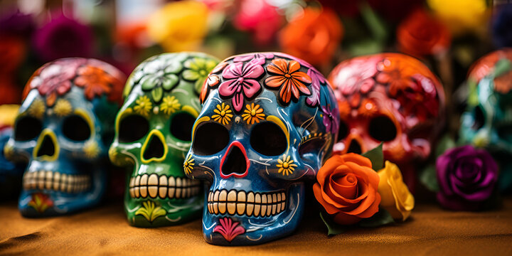 Colorful candy sugar skulls with flowers on Day of the Dead festival in Mexico, Painted skull tiki mask skeletons from mexicos all saints day, GENERATIVE AI

