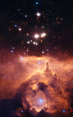 Cosmos, red dust cloud and stars in universe with light, pattern and color glow explosion in solar...