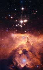 Cosmos, red dust cloud and stars in universe with light, pattern and color glow explosion in solar system. Galaxy, infinity and planets in milky way with nebula shine, dark sky and gas in aerospace.