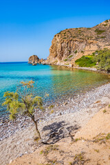 View of sea bay on Plathiena beach, Milos island, Cyclades, Greece