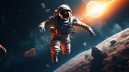 3d render spaceman astronaut flying with rocket