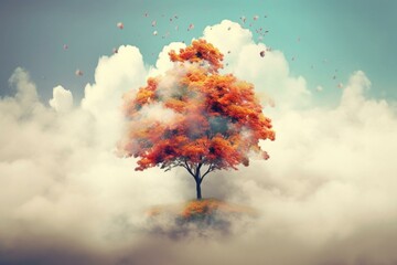 A tree with colorful leaves floating above the clouds. Generative AI