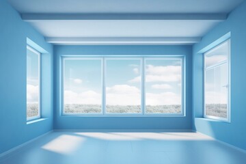 A 3D-rendered room with a large window and a blue empty interior. Generative AI