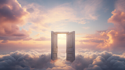 A beautiful door to heaven with colored clouds