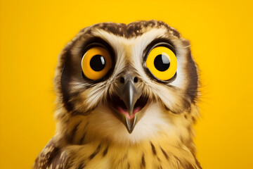 A Studio Portrait of a Surprised Owl, Captured in Isolation Against a Vivid Yellow Background