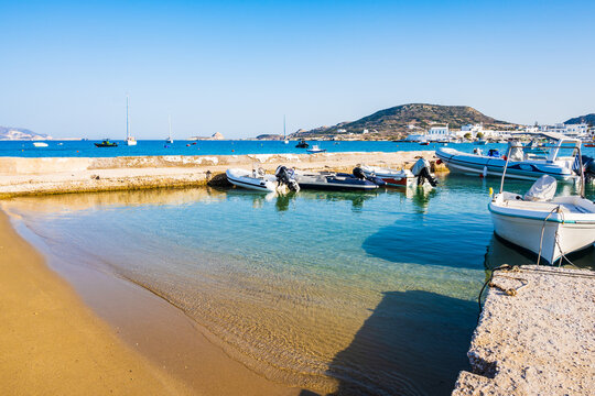 Beautiful sandy beach in Pollonia port, Milos island, Cyclades, Greece
