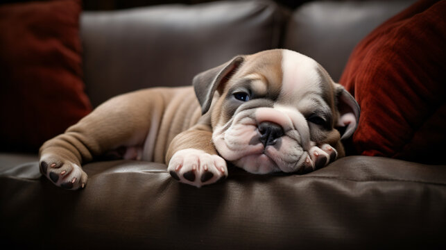 A Bulldog Mix puppy is peacefully sleeping on a gray couch