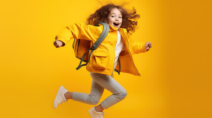 portrait of a jumping child isolated on yellow background 