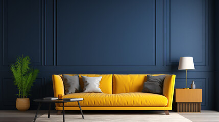 A huge living rooms accent lounge. blue and yellow hall