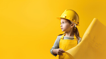 child wearing builder uniform isolated on yellow background 