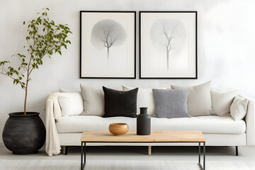 A White Sofa and Black Coffee Table Sit Against a White Wall Adorned with Art Posters, Defining the Modern Living Room's Inviting Interior Design
