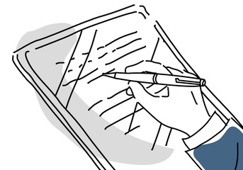 タブレットに電子サインする男性の手