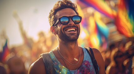 Man at pride festival or beach party, happy smiling under gay rainbow flag. People on beach open air festival or summer street