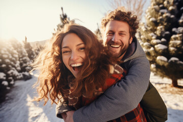 happy smiling portrait of a couple wearing warm clothes in winter outside with Christmas tree