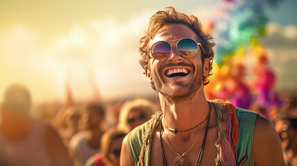 Man at pride festival or beach party, happy smiling under gay rainbow flag. People on beach open air festival or summer street - 663263785