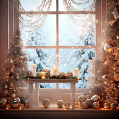 Christmas Holiday Background, Christmas table background with decorated Christmas tree and garlands. Beautiful Empty Christmas room. Generative AI