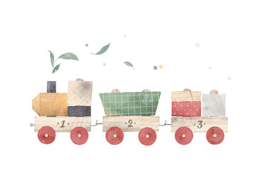 Vintage wooden train. Watercolor illustration. Can be used for kid poster or card. White isolated background.