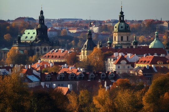 Roofs, towers, Prague, monuments, churches, hill, horizon, Petrin, Czechia. Generative AI
