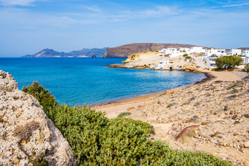 View of beautiful sandy Pachena beach with azure sea water, Milos island, Cyclades, Greece - 663264507
