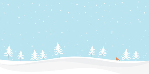 Snow landscape with pine tree and fox childish style vector illustration. Winter Wonderland with snowfall have blank space.