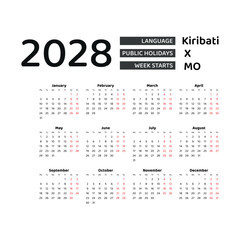 Calendar 2028 English language with Kiribati public holidays. Week starts from Monday. Graphic design vector illustration.