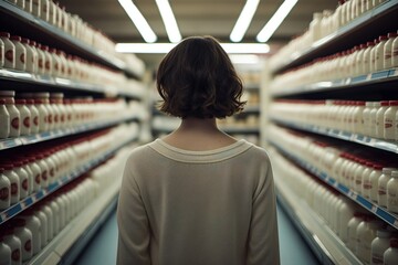 Toung woman while shopping in the dairy section of the supermarket chooses milk