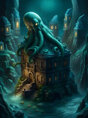 Fototapeta na wymiar illustration of cartoon octopus on the dark blue background