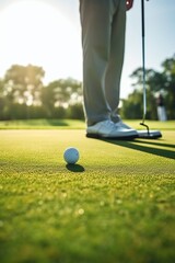 Close up de pies y palo de golf en campo de golf. 
