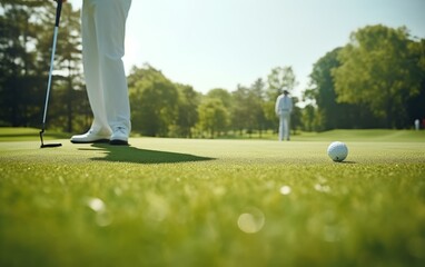 Close up de pies y palo de golf en campo de golf. 