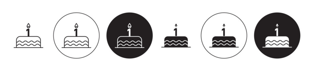 Happy first birthday line icon set. Anniversary cake with 1 candle icon in black color for ui designs.