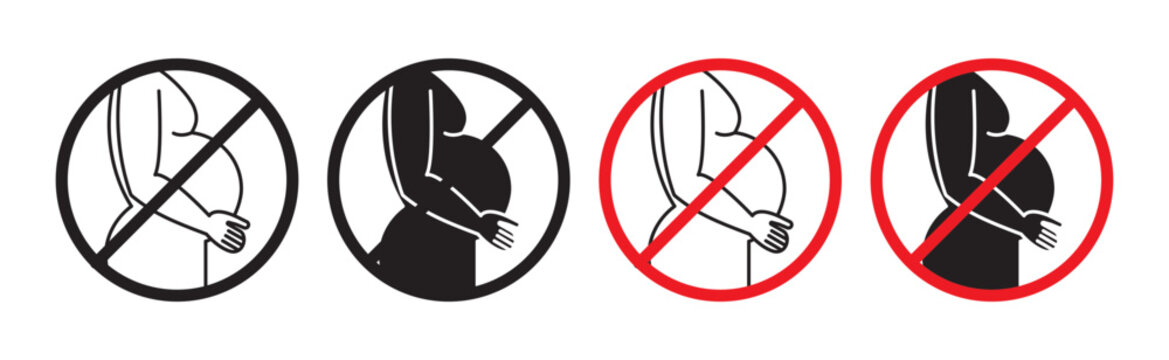Forbidden pregnant line icon set. Alcohol women pregnancy caution prohibition icon in black color. Lady pregnant danger warning icon in black color for ui designs.