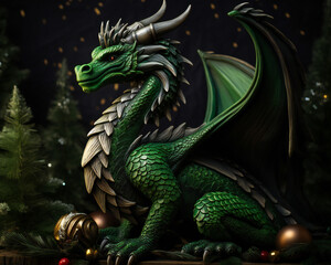 Realistic green dragon with christmas decorations on the background of christmas trees. Symbol of 2024, Chinese New Year. Traditional Chinese festival. AI generated