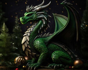 Fototapeta premium Realistic green dragon with christmas decorations on the background of christmas trees. Symbol of 2024, Chinese New Year. Traditional Chinese festival. AI generated
