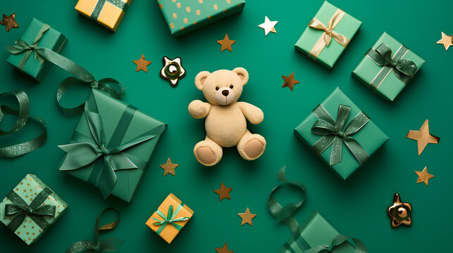 Festive poster of green gift boxes and a teddy bear on green background. New Year, Christmas design of cards, posters, headings for the site. Birthday, celebration. Generative AI.