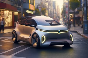 Fototapeta na wymiar Small Compact Electric Car Navigating City Streets Created with Generative AI