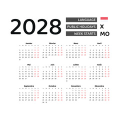 Calendar 2028 French language with Monaco public holidays. Week starts from Monday. Graphic design vector illustration.