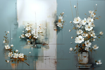 Oil and acrylic painting, abstract painting white flowers with textures. - obrazy, fototapety, plakaty