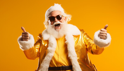 portrait of a cool happy smiling santa claus wearing gold clothes on yellow background with copy space, thumbs up 
