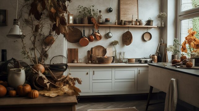 Cozy boho style kitchen interior with fall decor