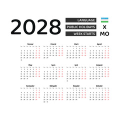 Calendar 2028 Uzbek language with Uzbekistan public holidays. Week starts from Monday. Graphic design vector illustration.