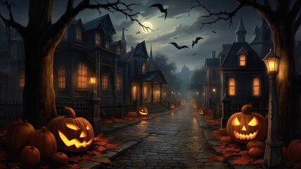 Halloween pumpkin street in spooky ghost town for halloween festival backdrop and background - obrazy, fototapety, plakaty