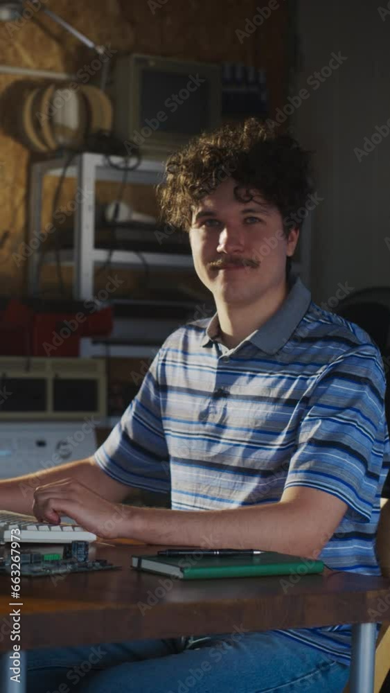 Aufkleber vertical screen: caucasian male software engineer programming on old desktop computer in retro garag