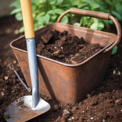  a shovel near a bucket-garden
