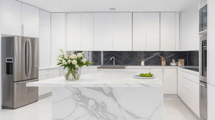 A sleek modern kitchen with white cabinets and white marble countertops with stainless steel appliances - Generative AI