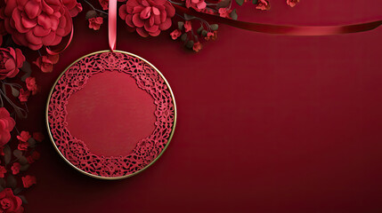 Red Blank hanging round sign with lace red ribbon on red background conceptual 3D Christmas decorations rendering