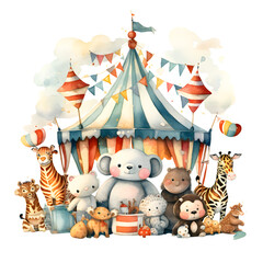 circus Christmas and animal acts, watercolor illustration - obrazy, fototapety, plakaty