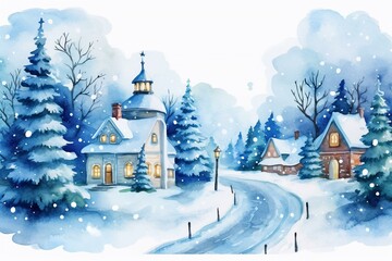Fototapeta na wymiar Watercolor winter scene with elegant houses and trees. Generative AI