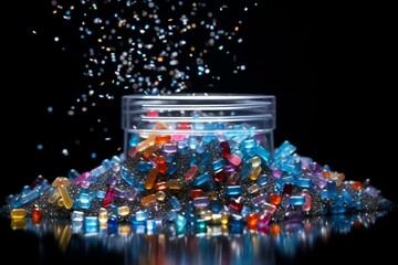 Microscopic view of tiny plastic particles in cosmetics. Generative AI - obrazy, fototapety, plakaty