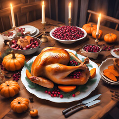 Thanksgiving feast. Turkey with vegetable side dishes on a festive table. Traditional